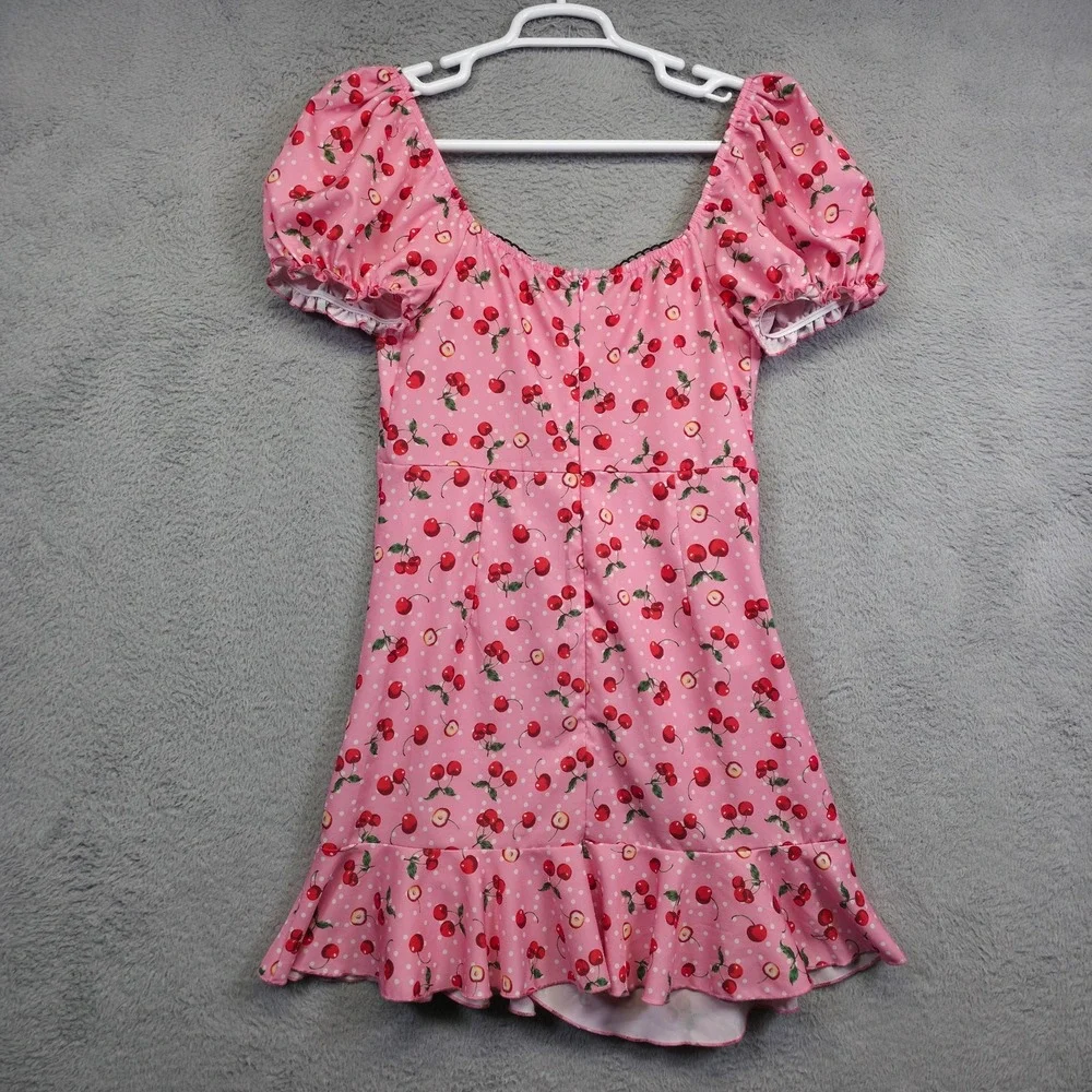 Womens Babydoll Pinup Dress L Pink Puff Sleeve Cherry Draped Coquette Mini‎